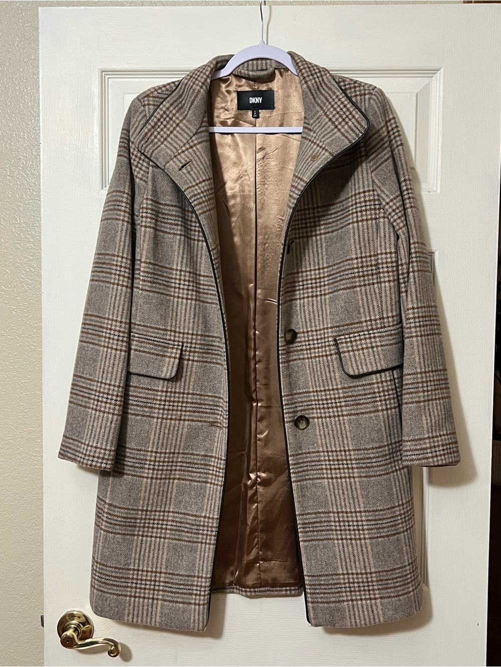DKNY Plaid Wool-Blend Pea Coat in Taupe and Brown